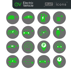 Electric vehicle flat icon set in green and gray color