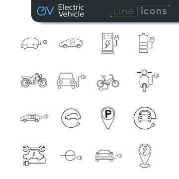 Electric vehicle line icon set  black on white BG