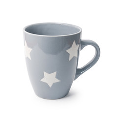 Closeup of Grey Color Drink Cup Mock-Up. Ceramic Mug Single Empty Blank for Coffee or Tea. Gray Mug with Stars Isolated on a White Background Mock Up. Can Be Used for Your Design or Branding Concept.