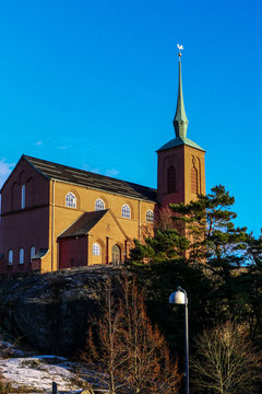 NYNÄSHAMN, SWEDEN Swedish Church. Nynäshamn Church was designed by Professor Lars Israel Wahlman and completed in 1930 stands on a hil overlooking the harbor.