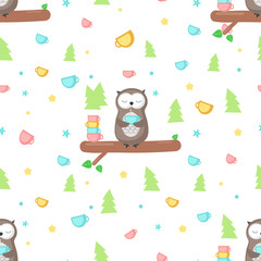 Vector seamless pattern with cute owl having tea