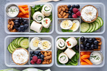 Healthy lunch or snack to go with tortilla wraps, eggs, cottage cheese, fruits and vegetables
