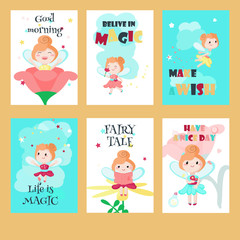 Obraz na płótnie Canvas Vector set of cards with cute little fairies