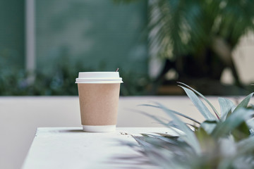 PAPER COFFEE CUP on wood counter table in cafeteria on blur background. Close up and selective...