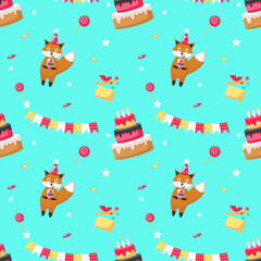 Happy birthday vector seamless pattern with cute fox