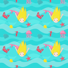 Vector seamless pattern with cute little mermaids