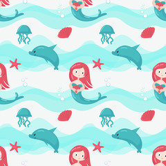 Vector seamless pattern with cute little mermaids