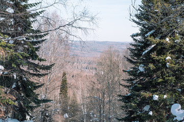 Winter mountain in the forest. View from above. Winter landscape. Winter in Siberia.