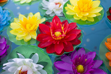 Colorful fake lotus flowers floating on the water for the soul Thailand