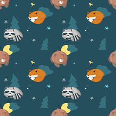 Vector seamless pattern with cute sleeping animals