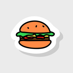Isolated image for badge, sticker or patch. Vector illustration. Delicious hamburger in cartoon style