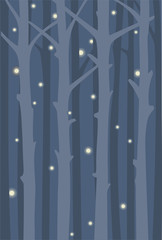 Night forest with flying fireflies. Background with tree trunks.