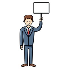 Business man holding a white sign. Protesting man. Infographic element. Vector character