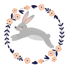 Fototapeta na wymiar Cute cartoon rabbit in floral wreath. Flowers and leaves, rabbit vector print for cards, posters, cards, t-shirts, book, textile..
