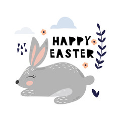 Cute cartoon rabbit. Rabbit character vector print for  cards, posters, cards, t-shirts, book, textile. Rabbit and flowers vector illustration..