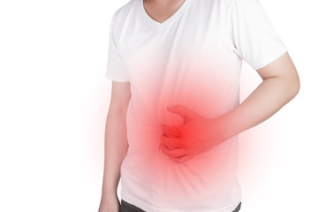 Asian Young men are suffering from stomach ulcers. gastritis Caused by the infection of H. pylori bacteria healthcare and health problem concept  isolated on white background, clipping path