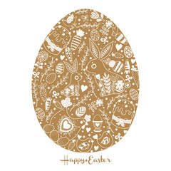 Decorative gold Easter card with Easter egg. Rabbits, flowers, chicken, chickens and polka dots.
