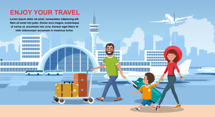 Happy Tourists Travel with Airline Cartoon Vector