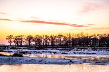 Winter landscape with trees, river and forest, Dry tree without leaf with sunset sky and the ground covered snow.