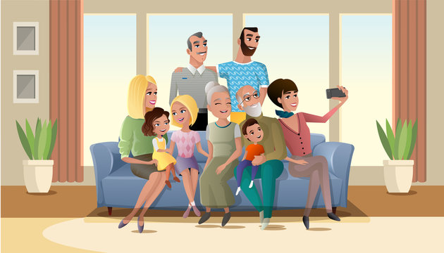 Selfie Photo of Big Happy Family Cartoon Vector