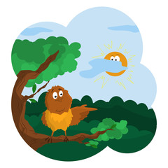 Sparrow pointing the direction. Sunny day in the forest. Cartoon graphics.