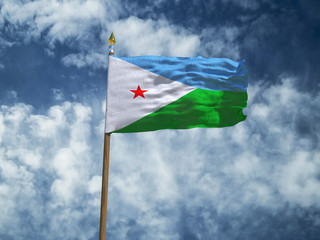 Djibouti flag Silk waving flag of Djibouti made transparent fabric with wooden flagpole gold spear on background sunny blue sky white smoke clouds real retro photo Countries of world 3d illustration
