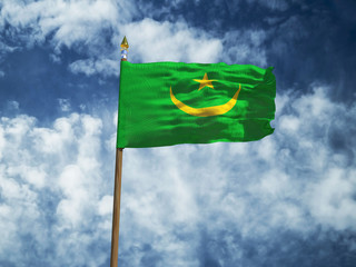 Mauritania flag Silk waving flag of Mauritania made transparent fabric with wooden flagpole gold spear on background blue sky white smoke clouds real retro photo Countries of world 3d illustration