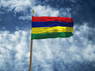 Mauritius flag Silk waving flag of Mauritius made transparent fabric with wooden flagpole gold spear on background sunny blue sky white smoke clouds real retro photo Countries of world 3d illustration