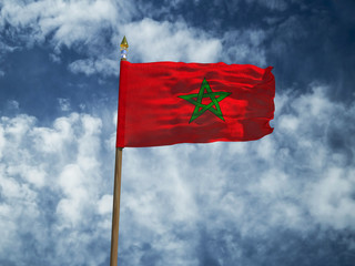 Morocco flag Silk waving flag of Morocco made transparent fabric with wooden flagpole gold spear on background sunny blue sky white smoke clouds real retro photo Countries of world 3d illustration