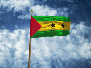 Sao Tome and Principe flag Silk waving flag of Sao Tome and Principe made transparent fabric with wooden flagpole gold spear on background blue sky white smoke clouds real retro photo 3d illustration