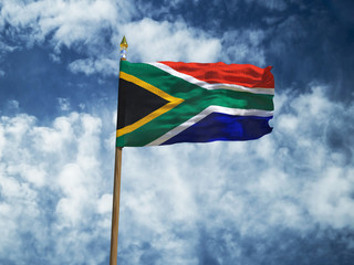 South Africa flag Silk waving flag of RSA made transparent fabric with wooden flagpole gold spear on background sunny blue sky white smoke clouds real retro photo Countries of world 3d illustration
