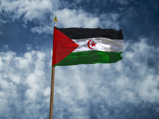 Western Sahara flag Silk waving flag of Western Sahara made transparent fabric with wooden flagpole gold spear on background blue sky white smoke clouds real photo Countries world 3d illustration
