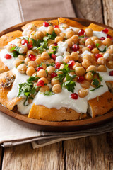 Middle Eastern pita with chickpeas, yogurt and pomegranate seeds close-up on a plate. vertical