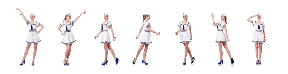 Stewardess pressing virtual buttons in the air