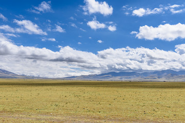 Fototapeta na wymiar View of grass filed on the east side of the Nyenchen Tanglha Mountains range in Damxung(Dangxiaong) County, Lhasa, Tibet, China.