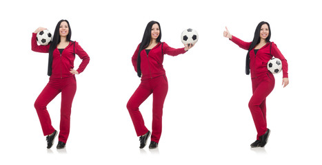 Woman with football isolated on white