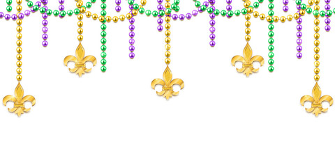 Mardi Gras decorative background with colorful traditional beads and gold symbols, vector illustration