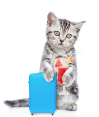 Kitten holds suitcase and cocktail and looking at camera. isolated on white background