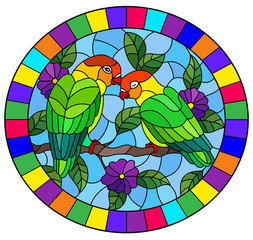 Illustration in stained glass style  with pair of birds parrots lovebirds on branch  tree with purple  flowers against the sky, oval image in bright frame