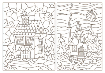 A set of contour illustrations of stained glass Windows with rustic houses on the background of landscapes, dark contours on a white background