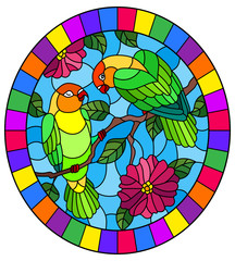Obraz premium Illustration in stained glass style with pair of birds parrots lovebirds on branch tree with pink flowers against the sky, oval image in bright frame
