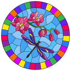 Illustration in stained glass style with a branch of pink Orchid and bright dragonfly on a blue background, round image in bright frame