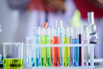 Set of laboratory glassware with colorful in test lab room.