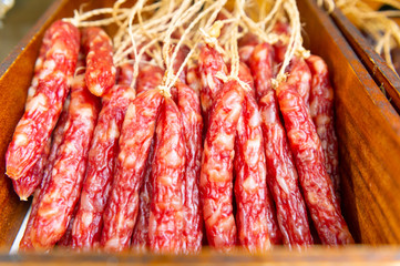 pork sausage stacked in the chinese market