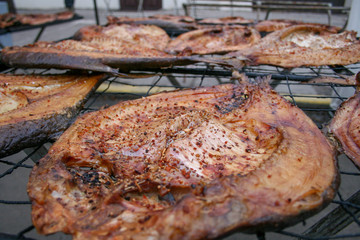 Smoked fish on a farmer's market in Vilnius, Lithuania, ready to eat