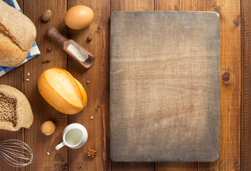 bread and bakery ingredients on wood