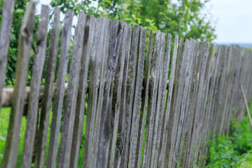 A close up of a long wooden fence with holes between logs in standing in a village in summer and spring