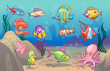 Underwater scene. Cute sea tropical fishes ocean underwater animals. Undersea bottom with corals seaweeds kids concept