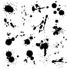 Black ink spots set. Inked splatter dirt stain splattered spray splashes with drops blots isolated vector collection