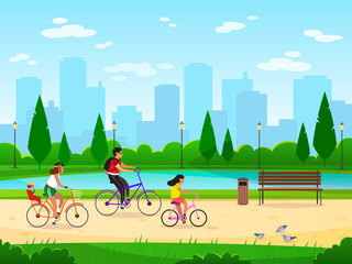 Family cycling. Active family vacation riding bikes lifestyle sport park leisure activities happy group, cartoon image